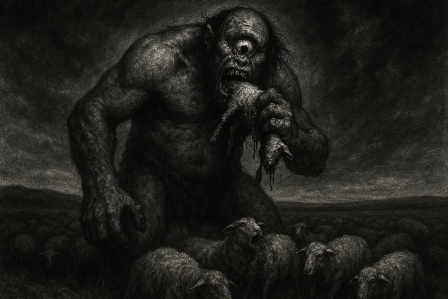 a Cyclops eating sheeps