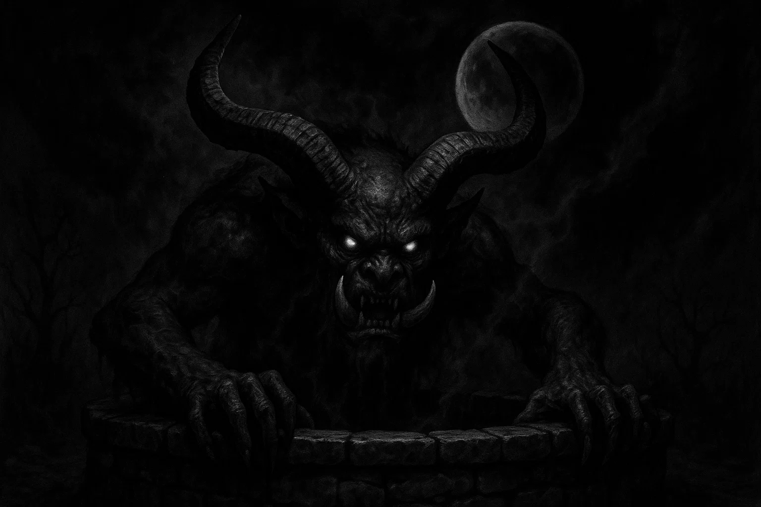the Demon Div emerging from a stone well