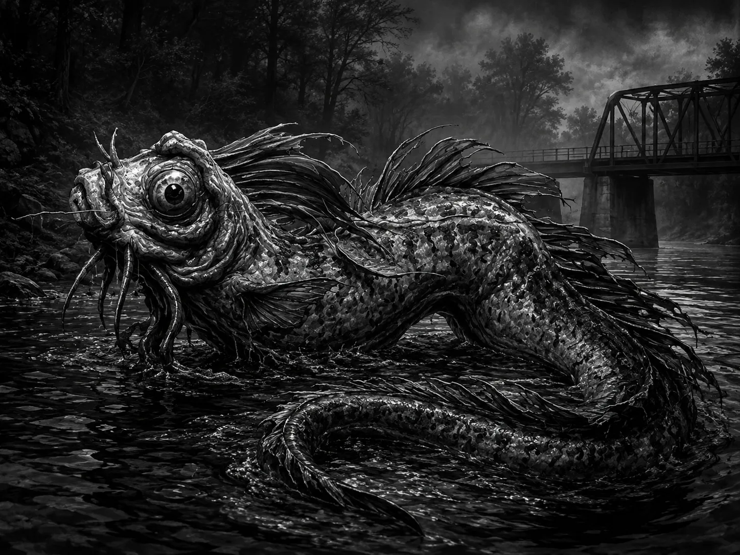 a black and white depiction of the Coosa River Monster