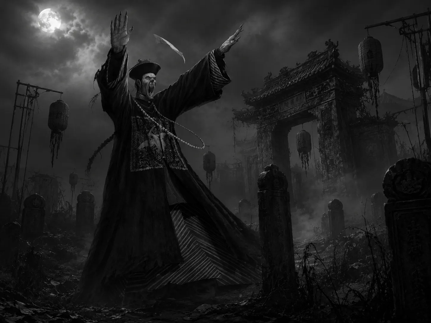 Jiangshi (Undead spirit) in the misty graveyard