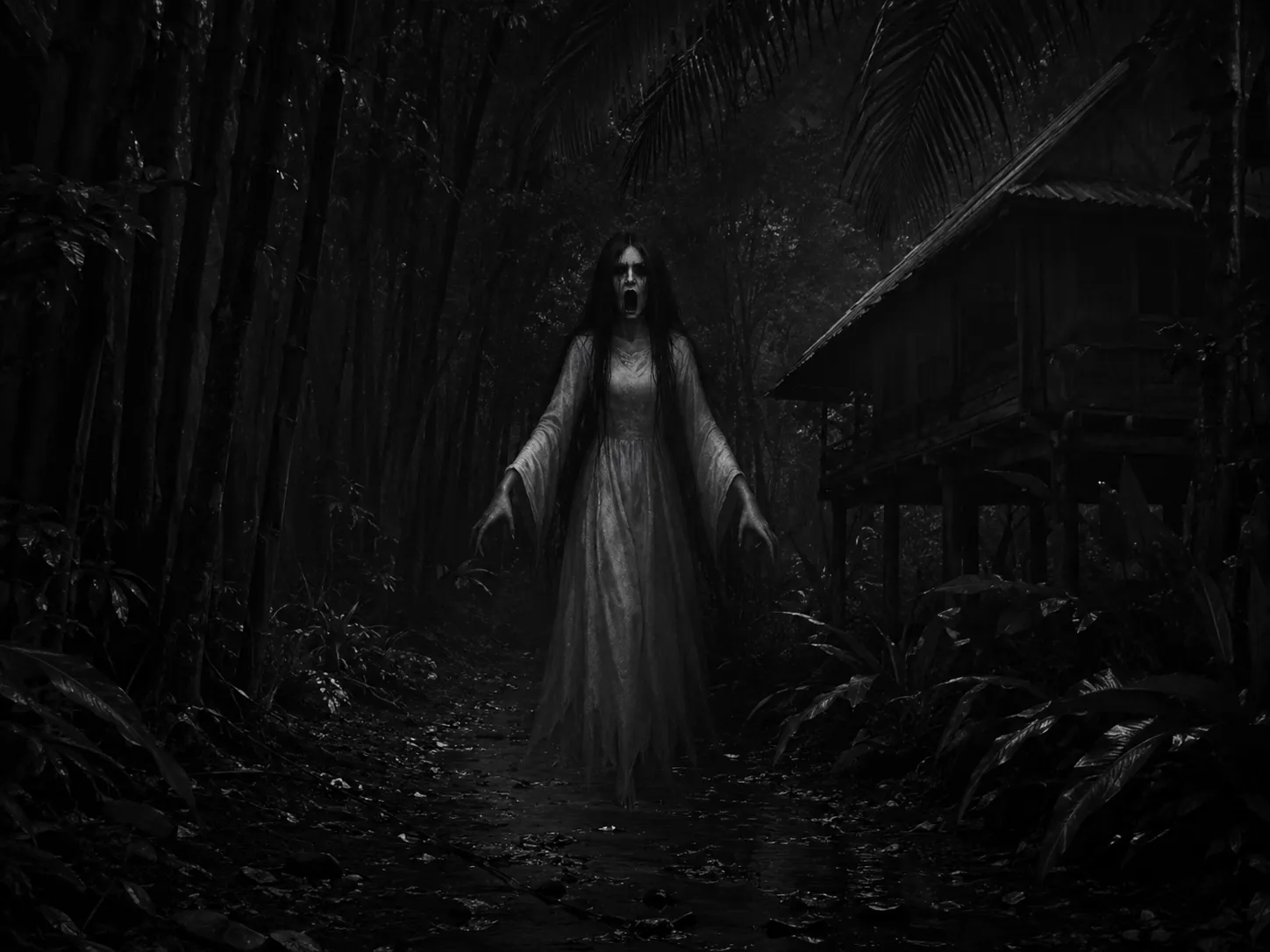 Kuntilanak in a foggy grove