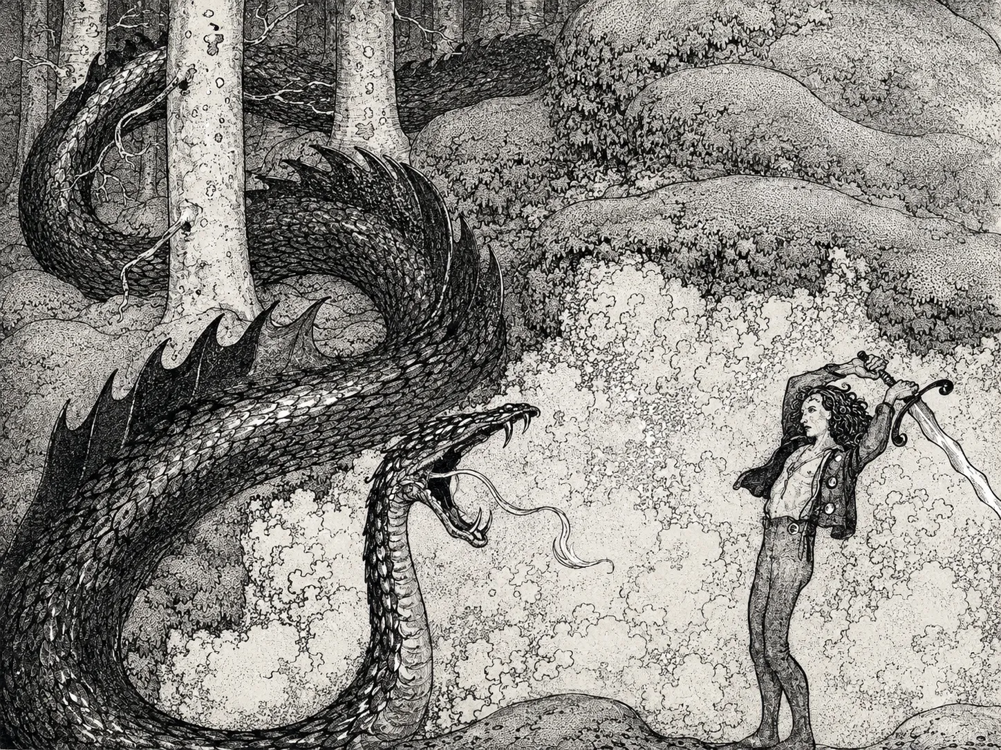a black and white depiction of a hero fighting the Lindwurm