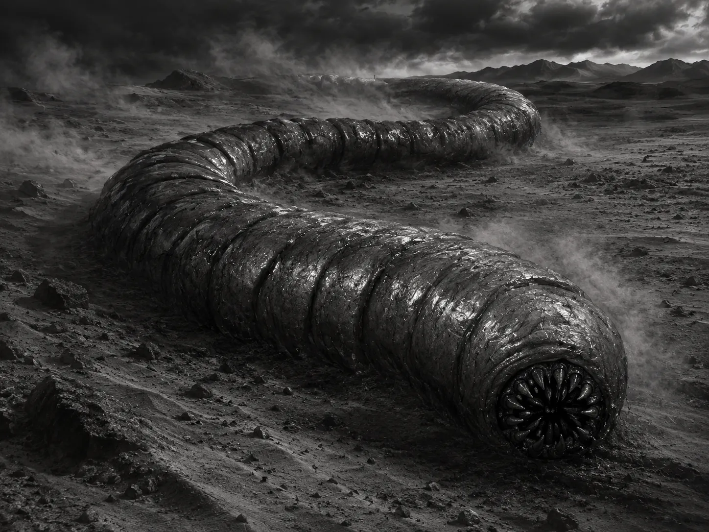Giant Mongolian death worm in a desolate wasteland