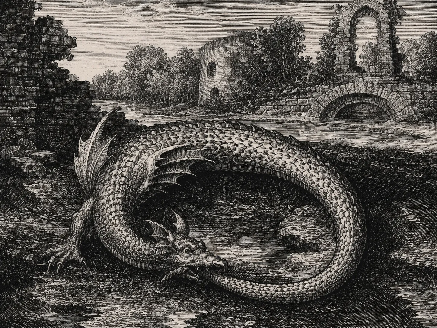 a black and white depiction of the Ouroboros