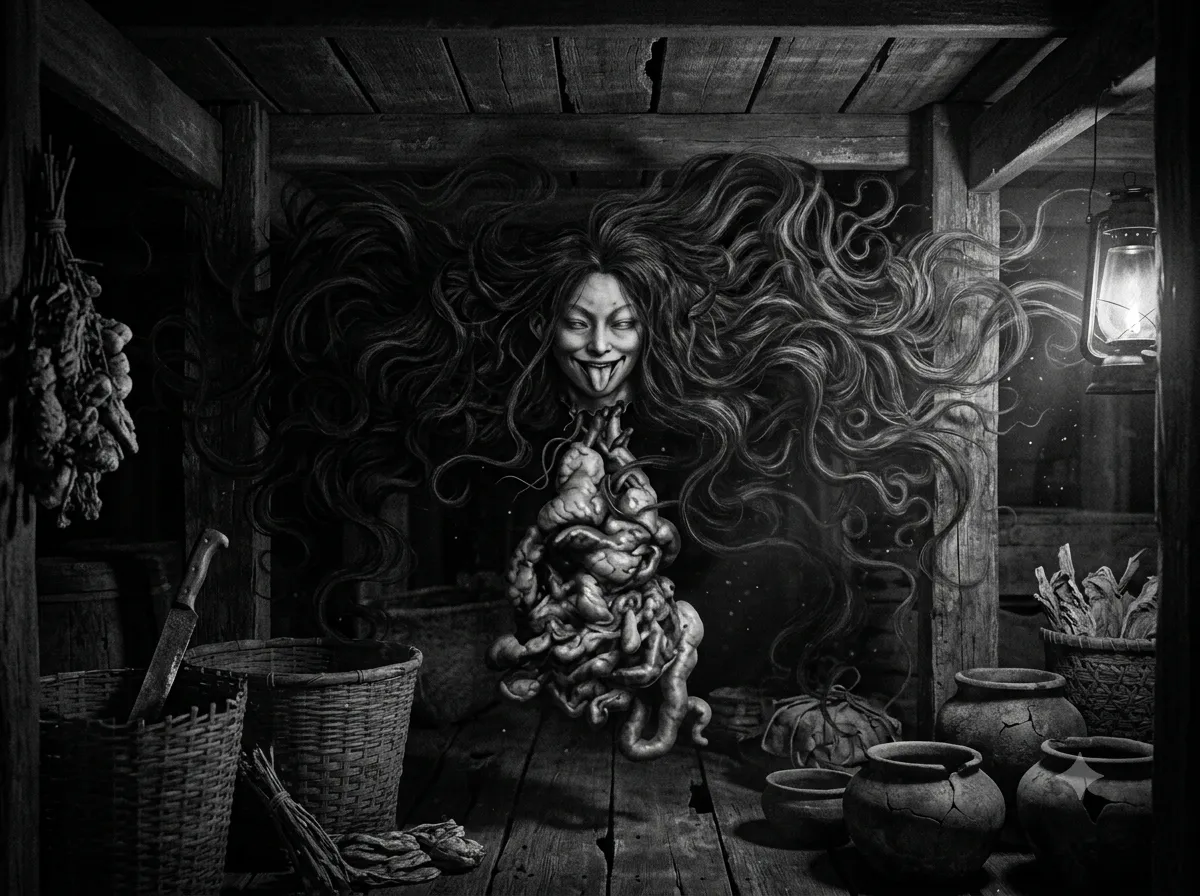 A Penanggalan witch floating in a typical Malaysian home