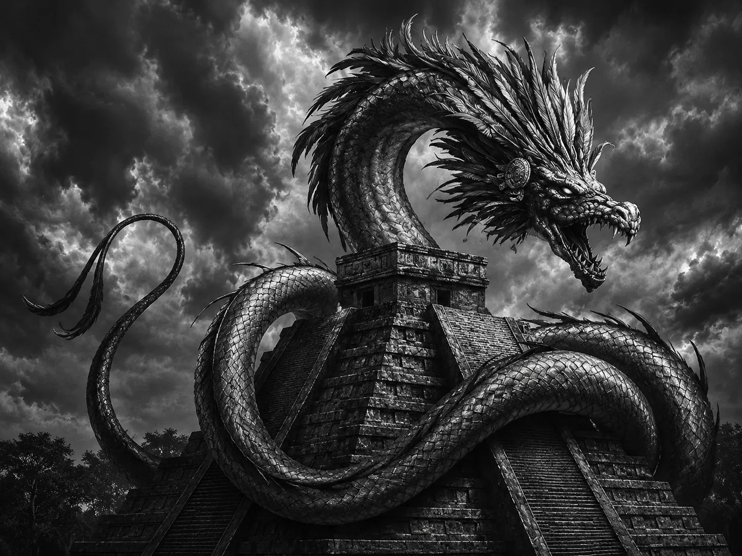 a black and white depiction of the god Quetzalcoatl on top of an Aztec pyramid.