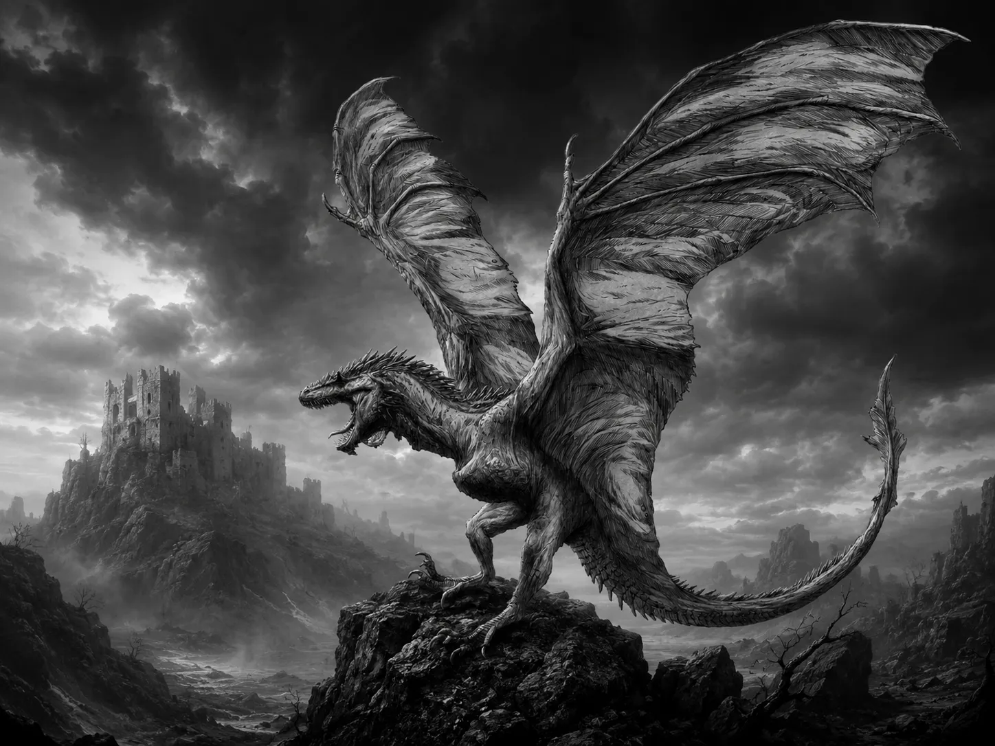 Wyvern over desolate castle ruins